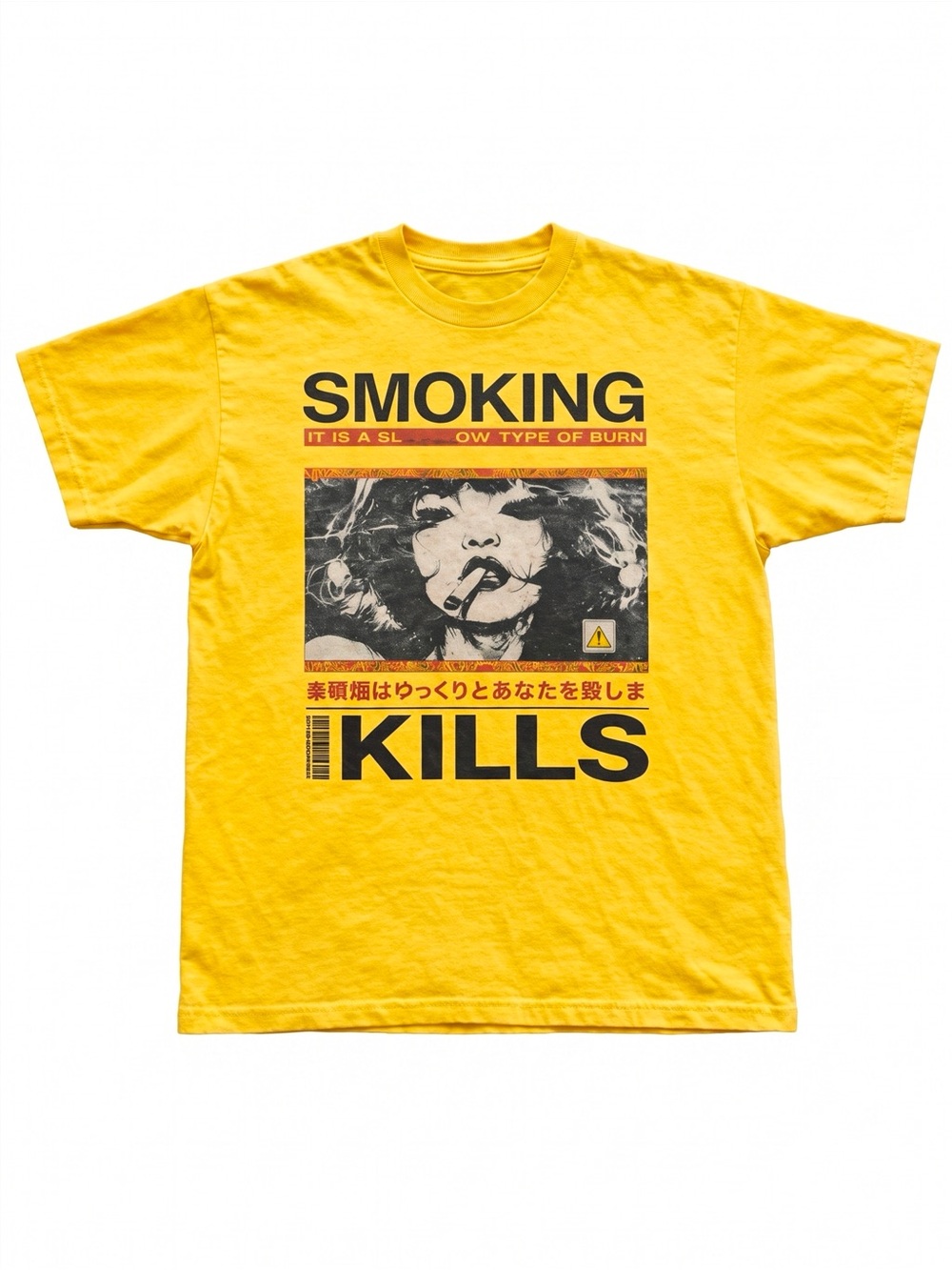 Smoking Kills Japanese Text Warning Poster Grunge Yellow Graphic T-Shirt